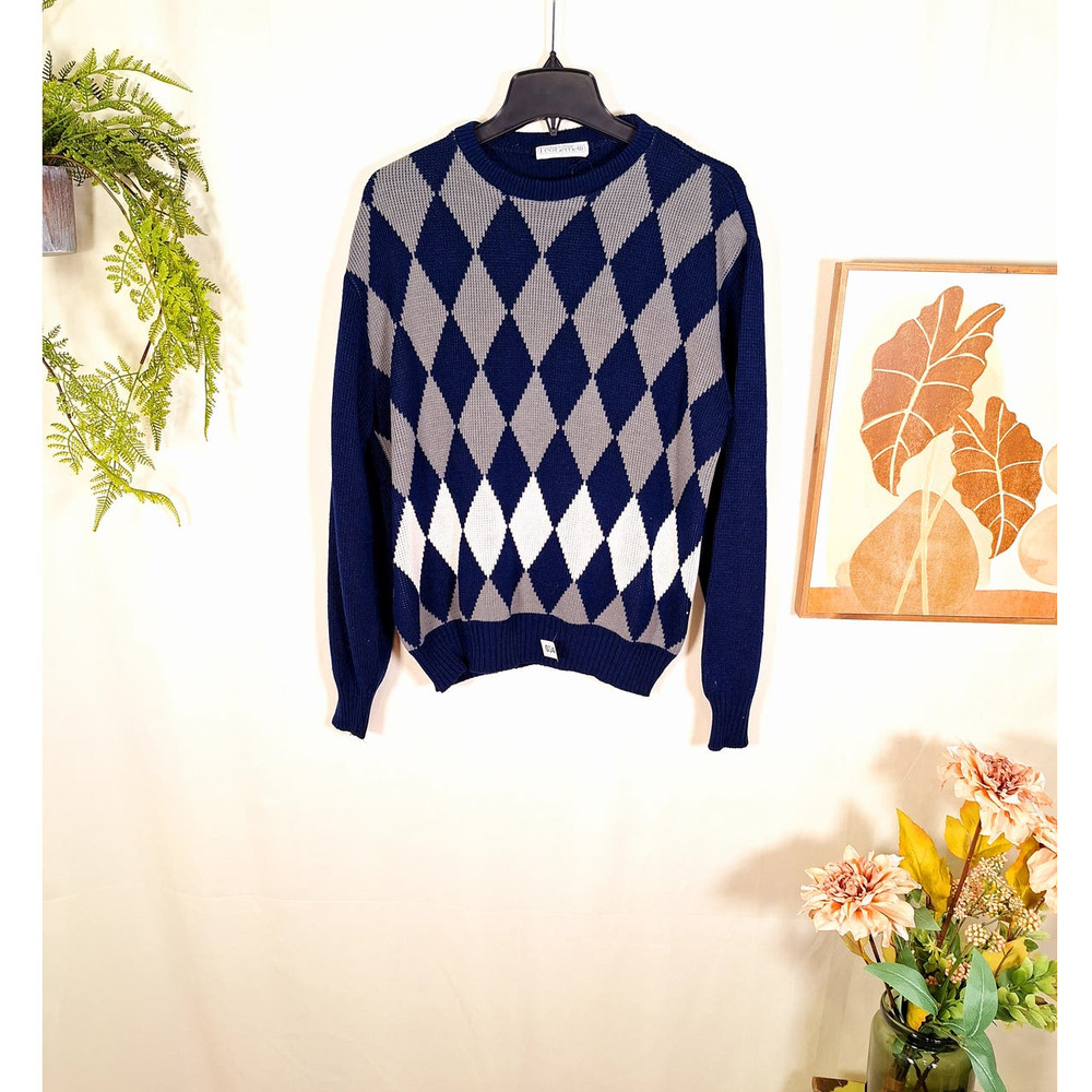 Vintage Leo Gemelli Men's  Sweater Blue with Gray Diamond Large 100% Acrylic